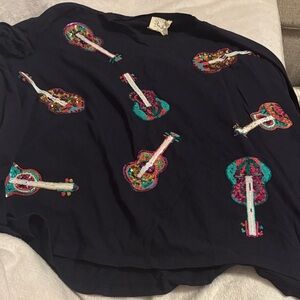 Fantastic Fawn Navy Tee with Colorful Guitar Design